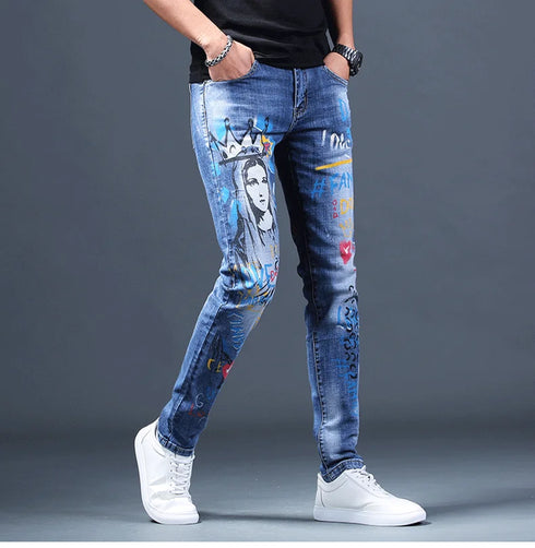 Slim Fit Korean Streetwear Graphical Printed Luxury Hip-Hop Stretch Denim Jeans for Men - Perfect Medium Wash Jeans Outfit